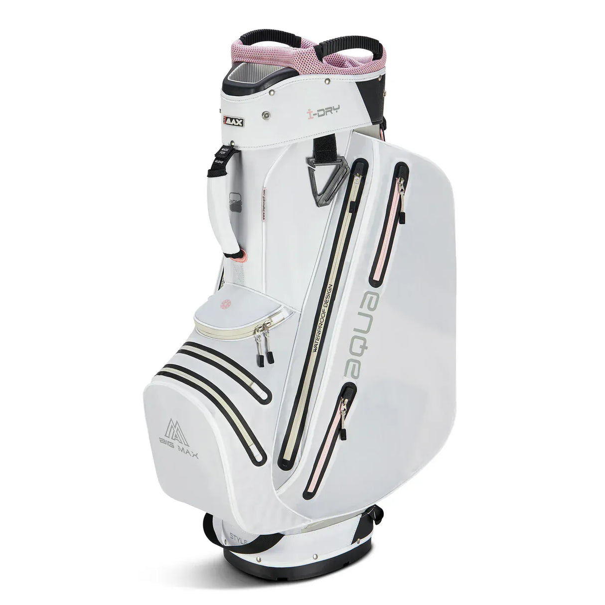 Weiß-pinkfarbenes Big Max Aqua Style 4 Cartbag mit mehreren Reißverschlusstaschen und ergonomischem Griff.