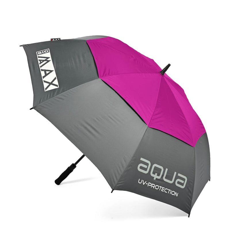 Golf-Regenschirm in Grau und Fuchsia mit wasserabweisender UV-Schutzbeschichtung und ergonomischem Griff.