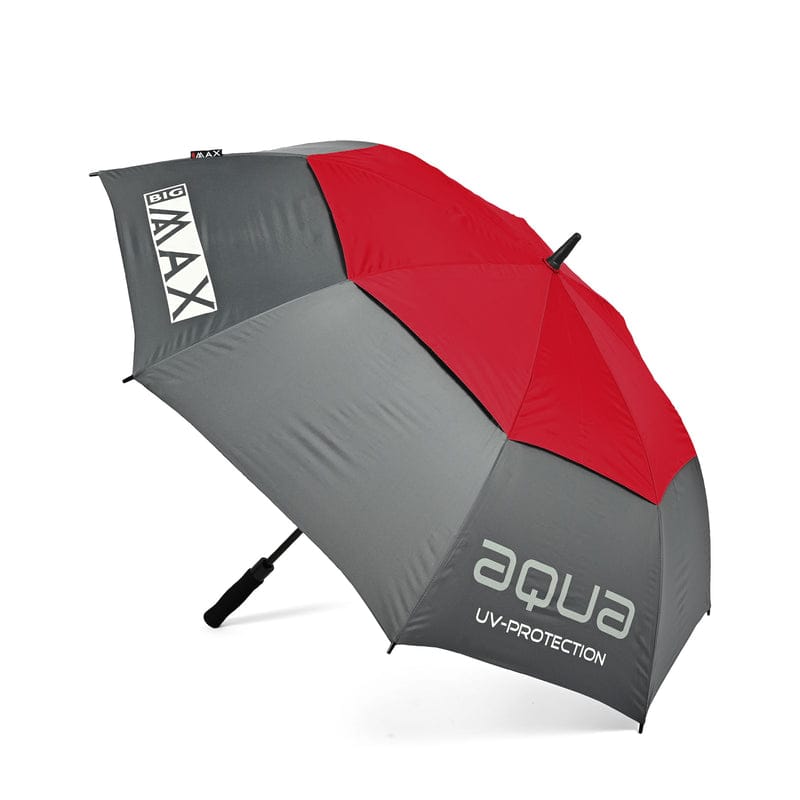 Golf-Regenschirm in Rot und Anthrazit mit robustem Griff und UV-Schutz-Logo.