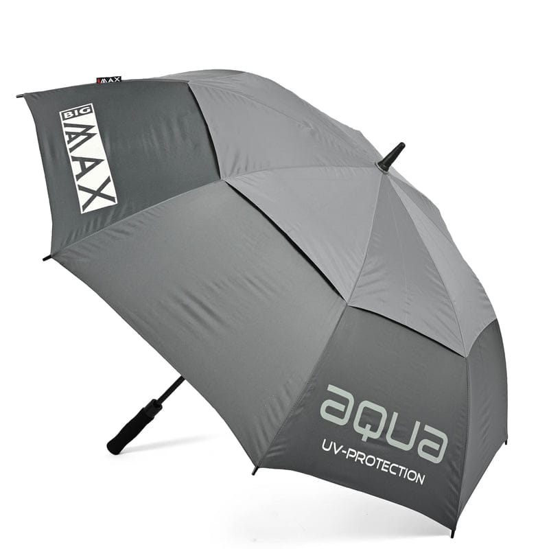 Großer grauer Big Max AQUA UV Regenschirm mit schwarzem Griff und UV-Schutz-Logo.