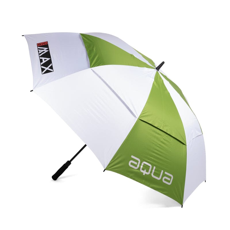 Großer Golf-Regenschirm in Weiß und Limette mit schwarzem Griff und aqua Logo auf grünem Segment.