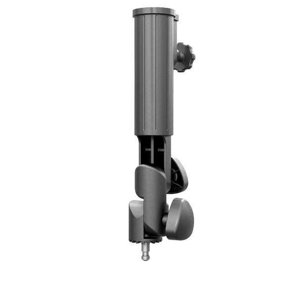 Grauer Universaladapter aus robustem Material mit verstellbarem Klemmmechanismus.