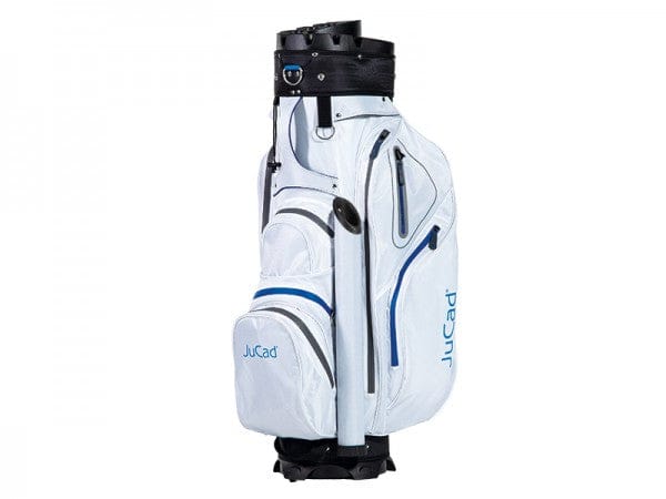 Weißes JuCad Manager Aquata Cartbag mit blauem Reißverschluss und Logo, praktische Außentaschen.