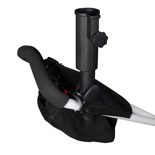 Schwarzer, robuster Regenschirmhalter aus Kunststoff mit Befestigungselement für Trolleygriff.