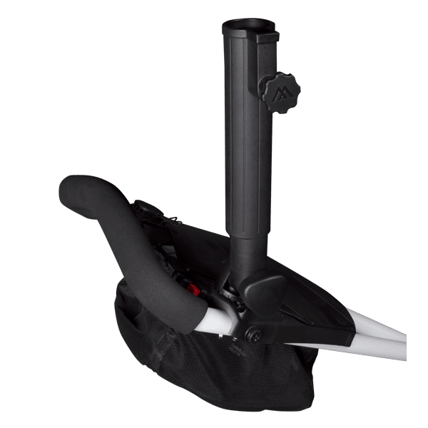 Schwarzer Regenstar QF Classic Schirmhalter aus Kunststoff mit Befestigungsknopf am Trolleygriff.