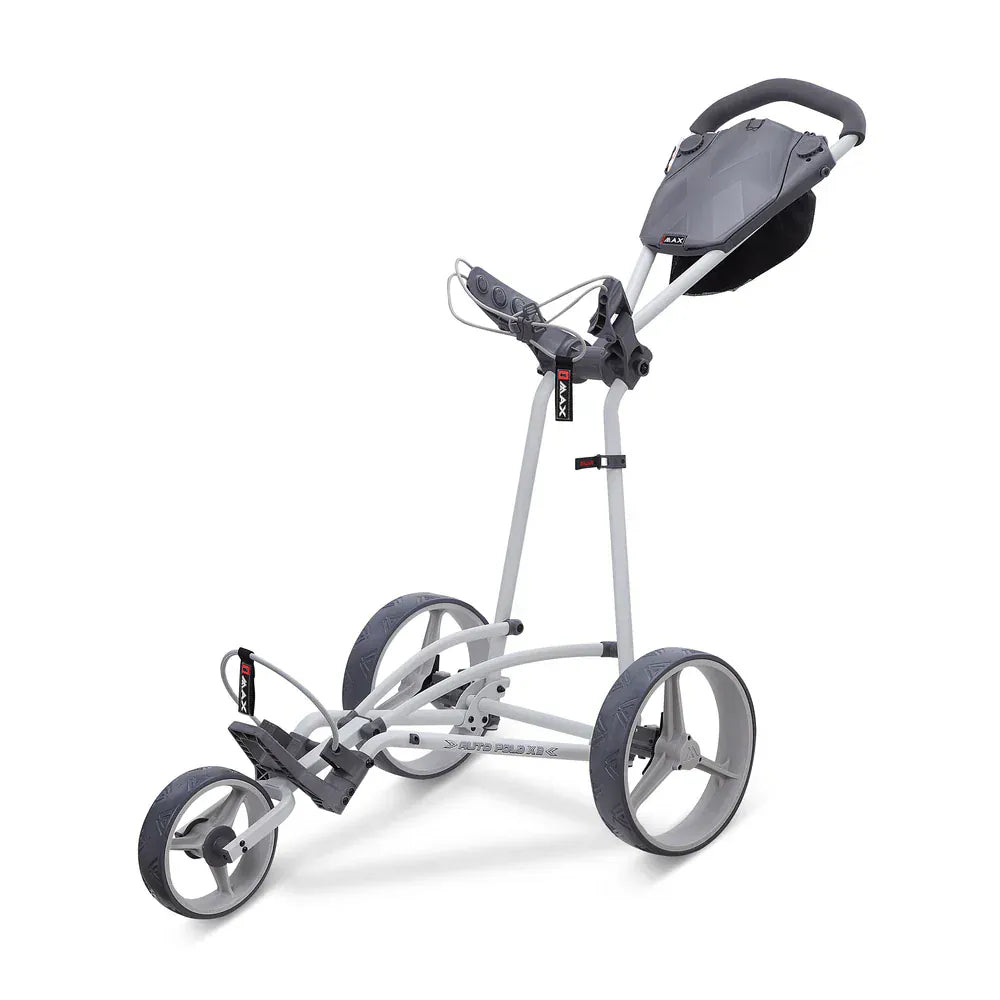 Grauer Big Max Autofold X2 3-Rad-Golftrolley mit klappbarem Rahmen und Handgriff Tasche.
