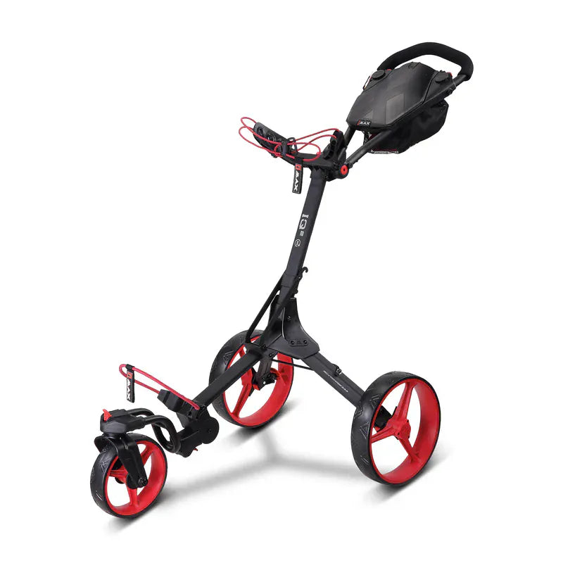 Schwarzer Big Max IQ 360 Golf-Trolley mit roten Akzenten, drei robusten Rädern und ergonomischem Griff.