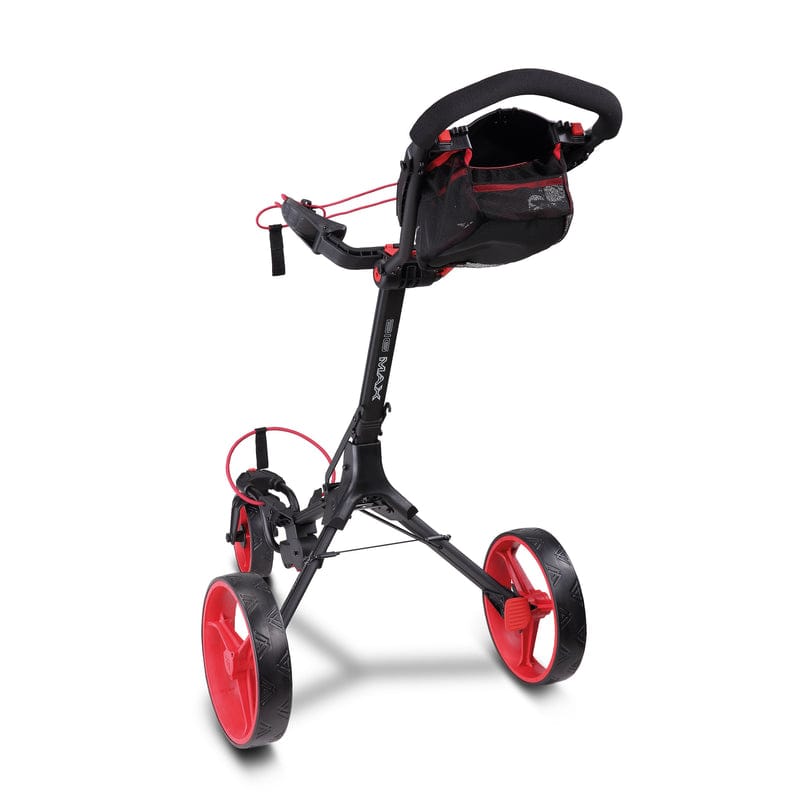 Big Max IQ 360 Golf Trolley in Phantom Black mit roten Rädern und schwarzem Griff.