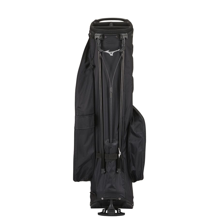 Schwarzes Mizuno BR-DRI Stand Golfbag mit Reißverschlusstaschen und Tragegurt.