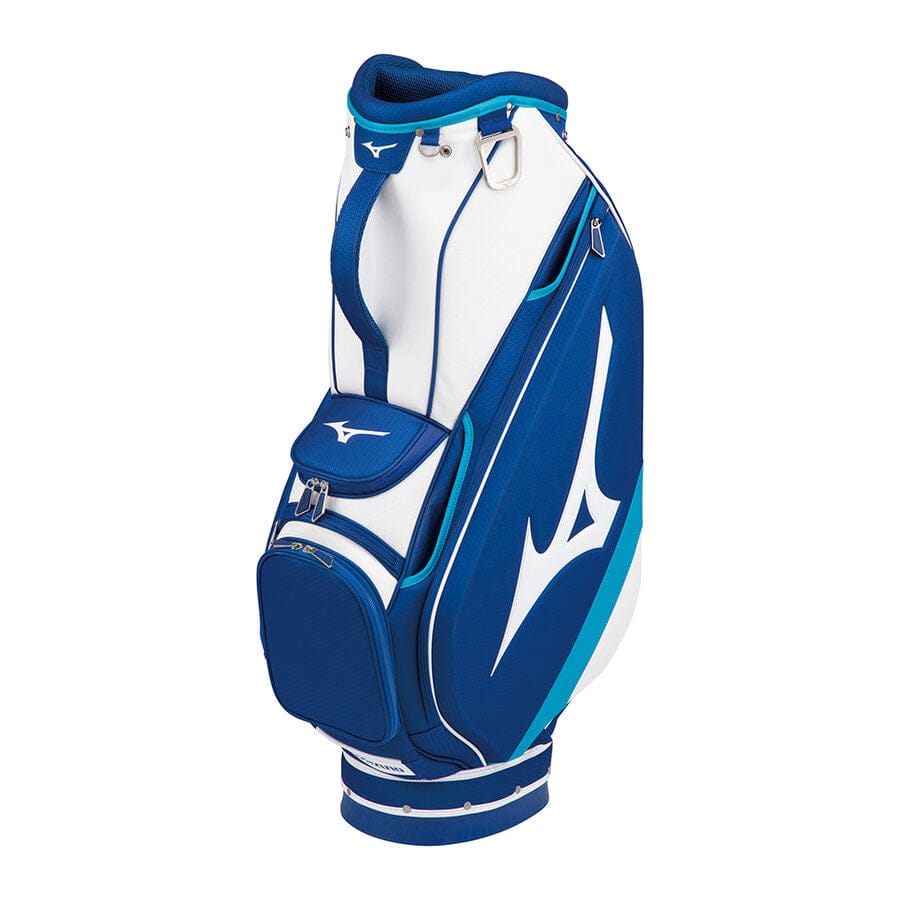 Weiß-blaues Mizuno Tour Cart Golfbag mit mehreren Taschen und großen weißen Logoanzeigen.