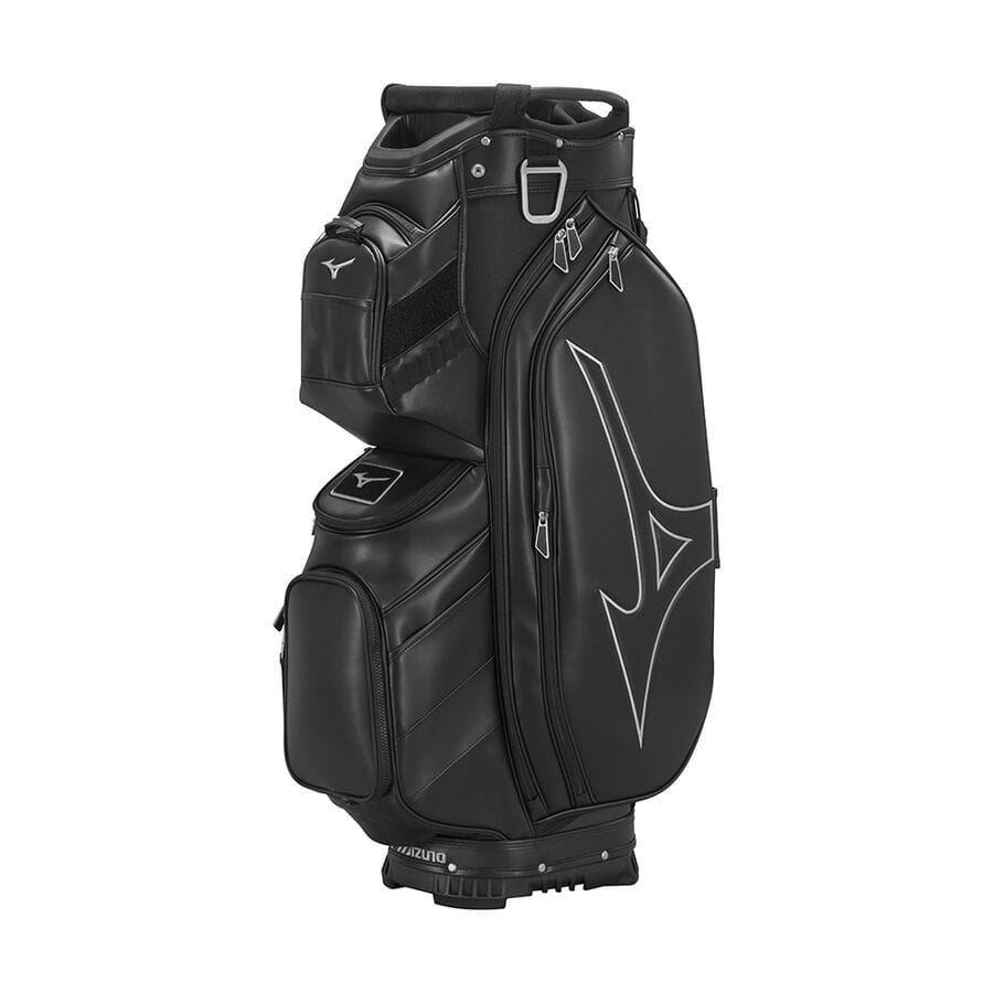 Schwarzes Mizuno Tour Cart Golfbag mit mehreren Reißverschlusstaschen und großem Logo.