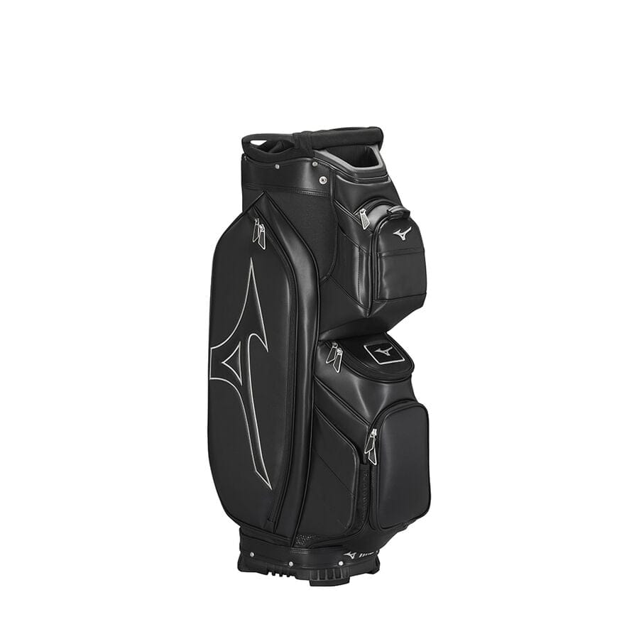 Schwarzer Mizuno Tour Cart Golfbag mit mehreren Taschen und großem Logodruck.