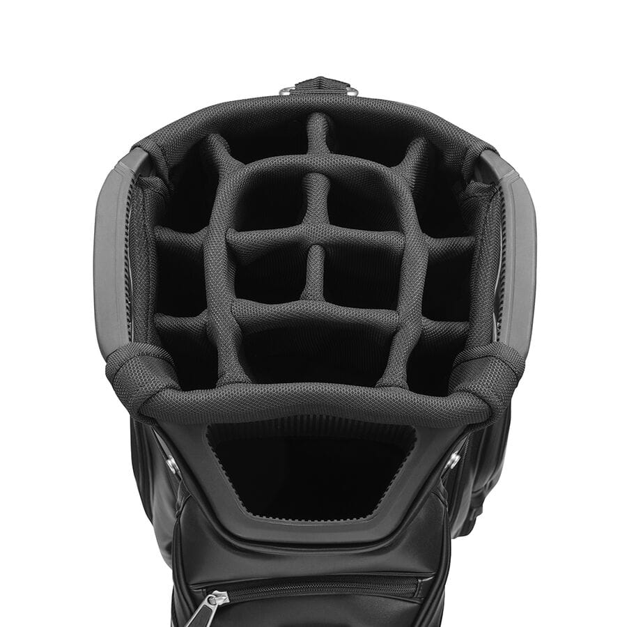 Schwarzes Mizuno Tour Cart Bag FY22 mit mehreren Fächern zur Golfschlägeraufbewahrung und robustem Material.