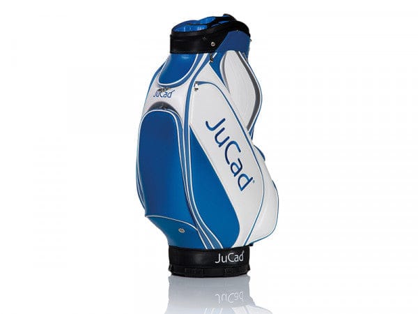 Blau-weißes JuCad Pro Tourbag Golfbag mit großem Jucad-Logo seitlich und ergonomischem Design.