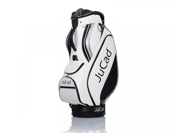 Blau-weißes JuCad Pro Tourbag Golfbag mit schwarzen und grauen Akzenten, zahlreichen Fächern und Tragegurt.