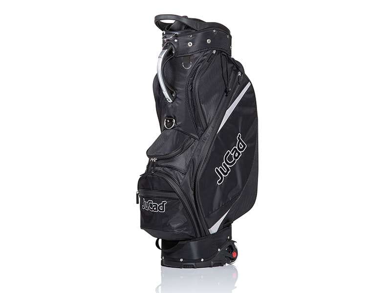 Schwarzes JuCad Golf Cartbag mit mehreren Taschen und weißem JuCad Logo.
