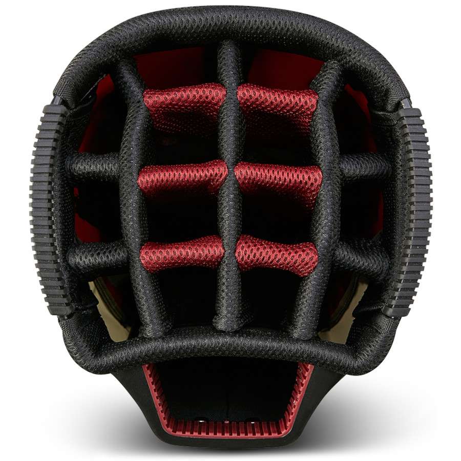 Schwarz-rotes Golfcartbag mit neun Fächern und gepolsterten Trennwänden, rechteckige Öffnung.