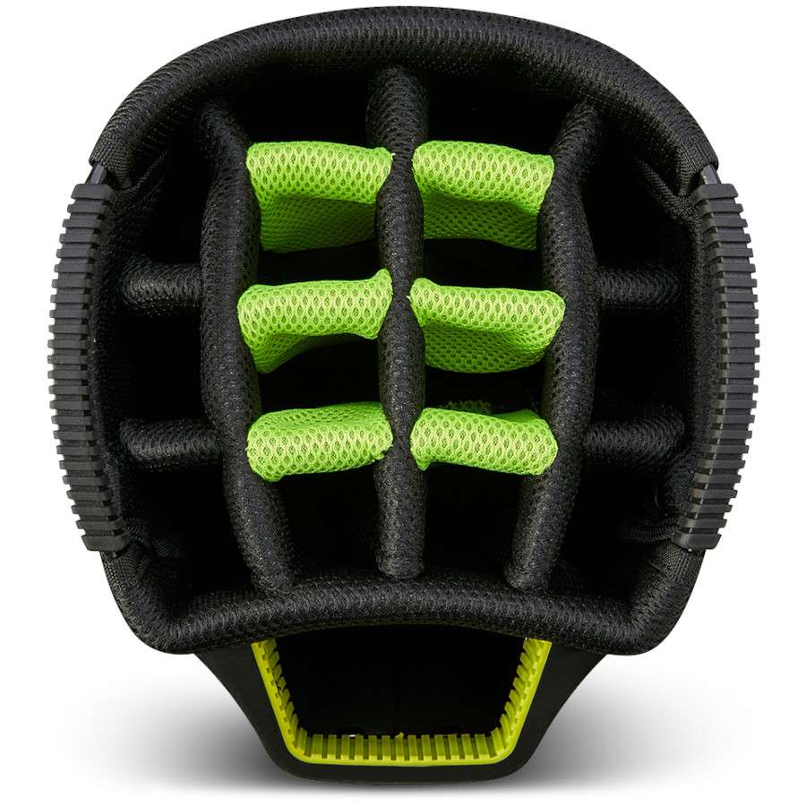 Golf Cartbag-Top mit schwarzer Polsterung und Neongrün-Einteilungen zur Schlägerorganisation.