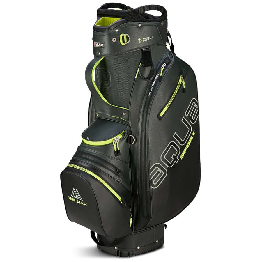 Big Max Aqua Sport 4 Golf-Cartbag in Schwarz mit limettengrünen Akzenten und mehreren Reißverschlusstaschen.