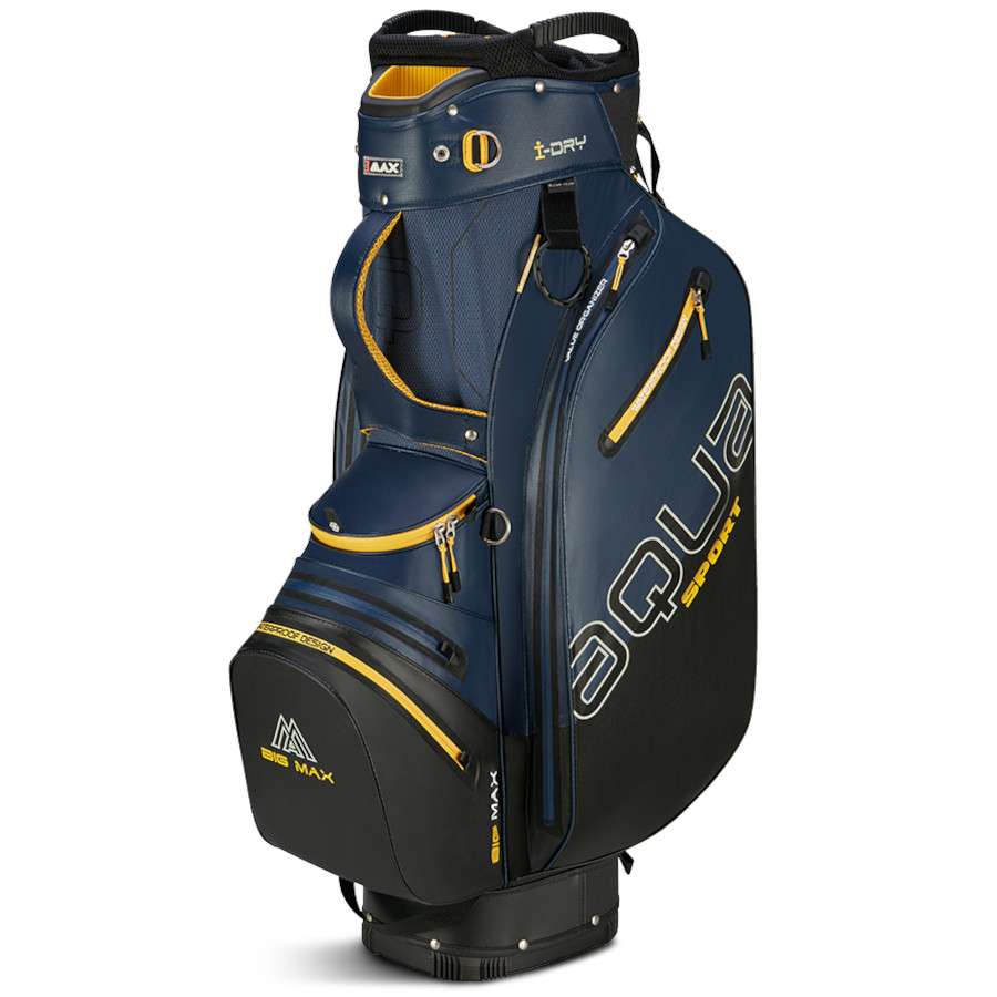 Big Max Aqua Sport 4 Golf-Cartbag in Navy-Schwarz-Corn mit mehreren Reißverschlussfächern und robustem Standfuß.