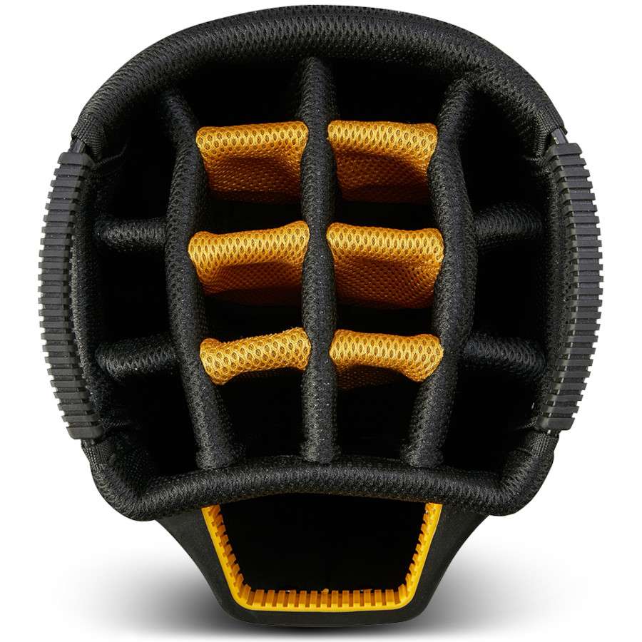 Schwarzes Big Max Aqua Sport 4 Cartbag mit strukturierter 14-Fach-Topöffnung und orangefarbenen Trennern.