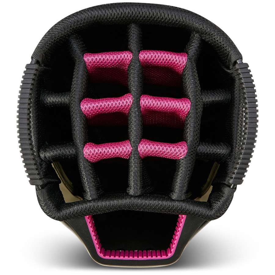 Schwarzes Big Max Aqua Sport 4 Cartbag mit rosa Innenfächern und 14 Unterteilungen für Golfschläger.
