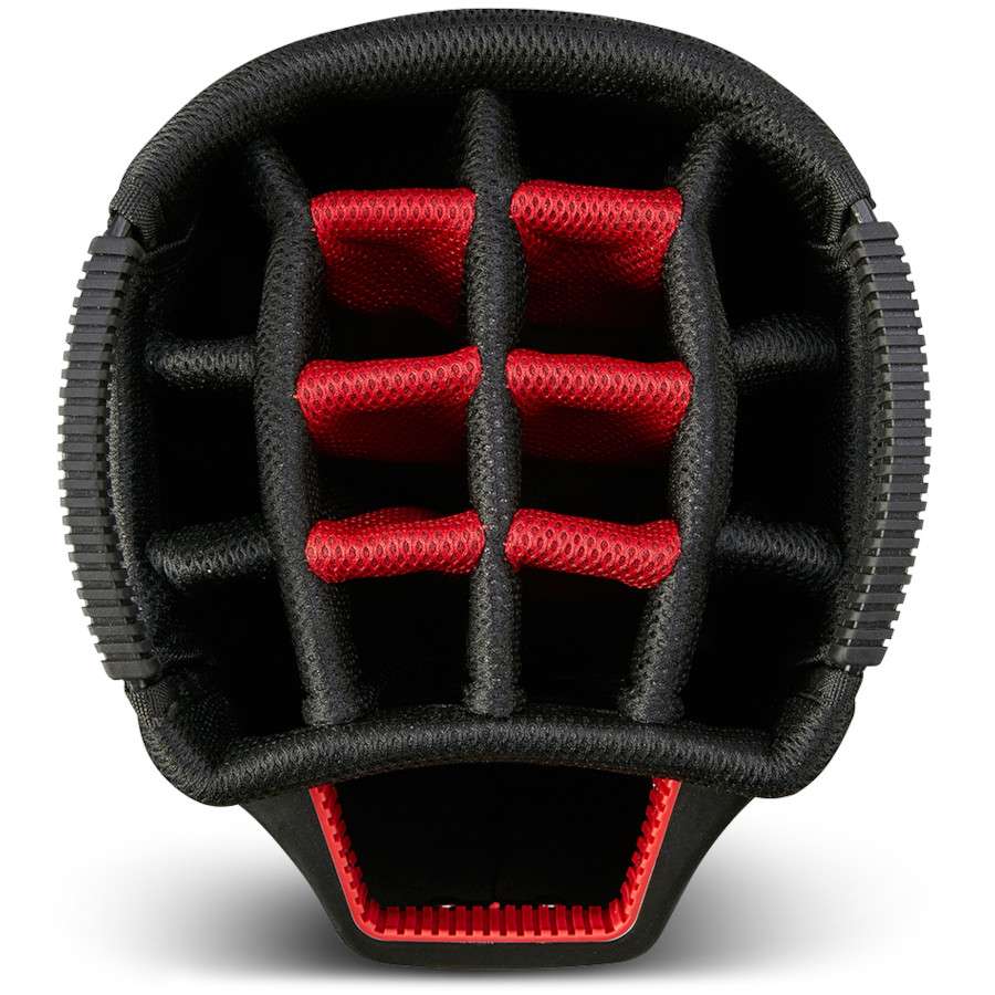 Schwarzes Big Max Aqua Sport 4 Golfcartbag mit roter Innenaufteilung und mehreren Fächern.