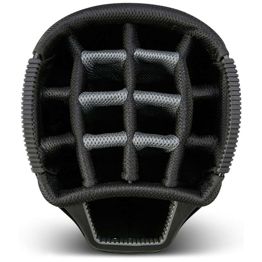 Schwarzes Golf-Cartbag mit 14-facher Schlägeraufteilung und gepolsterten Fächern.