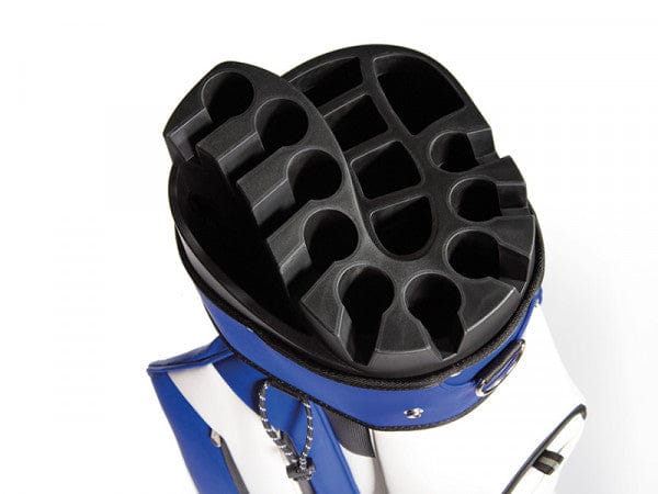Dunkelblaues JuCad First Class Revolution Cartbag mit gepolsterten Fächern zur Golfclub-Aufbewahrung.