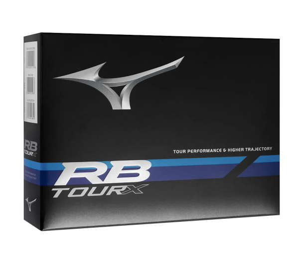 Schwarze Mizuno RB Tour X Golfball-Verpackung mit silbernem und blauem Logo und Schriftzug.