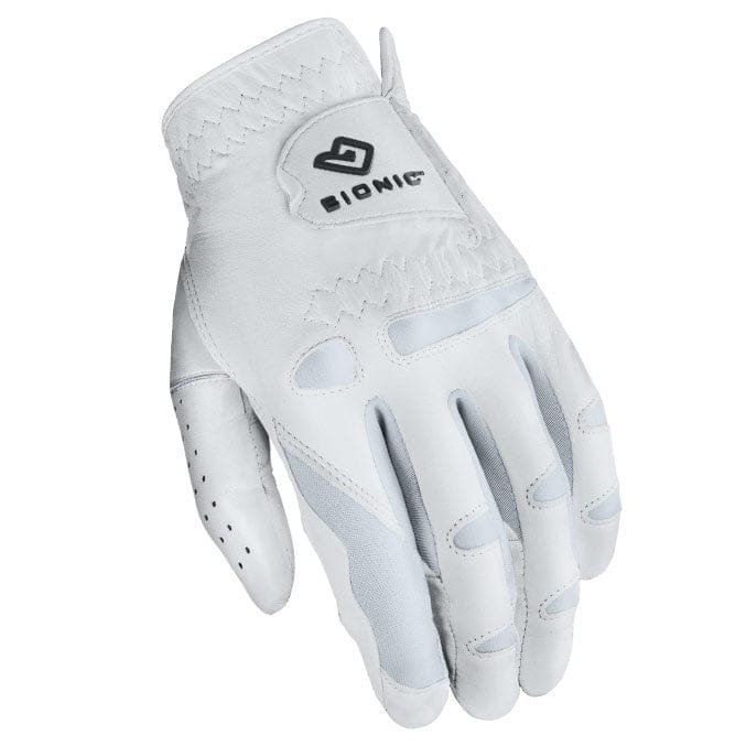 Weißer Bionic StableGrip Damen-Golfhandschuh mit elastischem Abschluss und perforierten Belüftungslöchern.