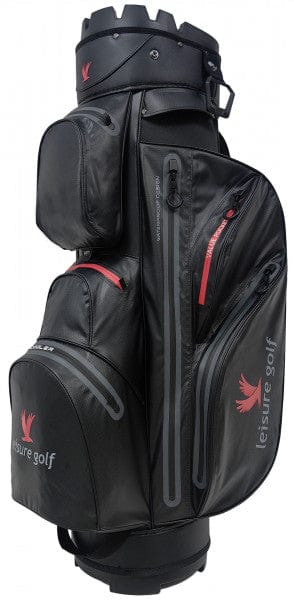 Schwarzer Leisure Golf Watersafe Organizer Cartbag mit roten Akzenten und mehreren Reißverschlusstaschen.