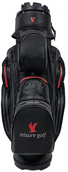 Schwarzes Leisure Golf Cartbag mit rotem Akzent, wasserdicht, mehreren Taschen und Logo vorne.