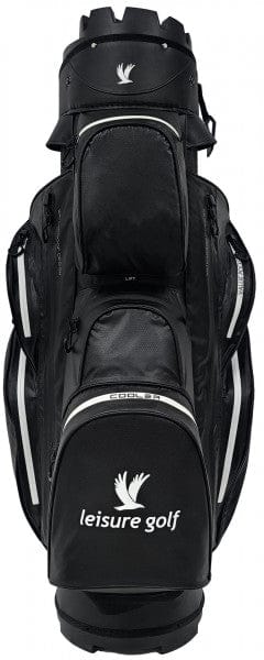 Schwarzer Leisure Golf Watersafe Organizer Cartbag mit weißen Akzenten und mehreren Reißverschlusstaschen.