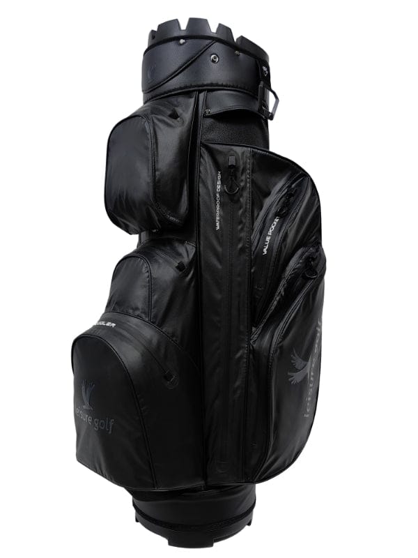 Schwarzer Leisure Golf Watersafe Organizer Cartbag mit mehreren Taschen und robustem Design.