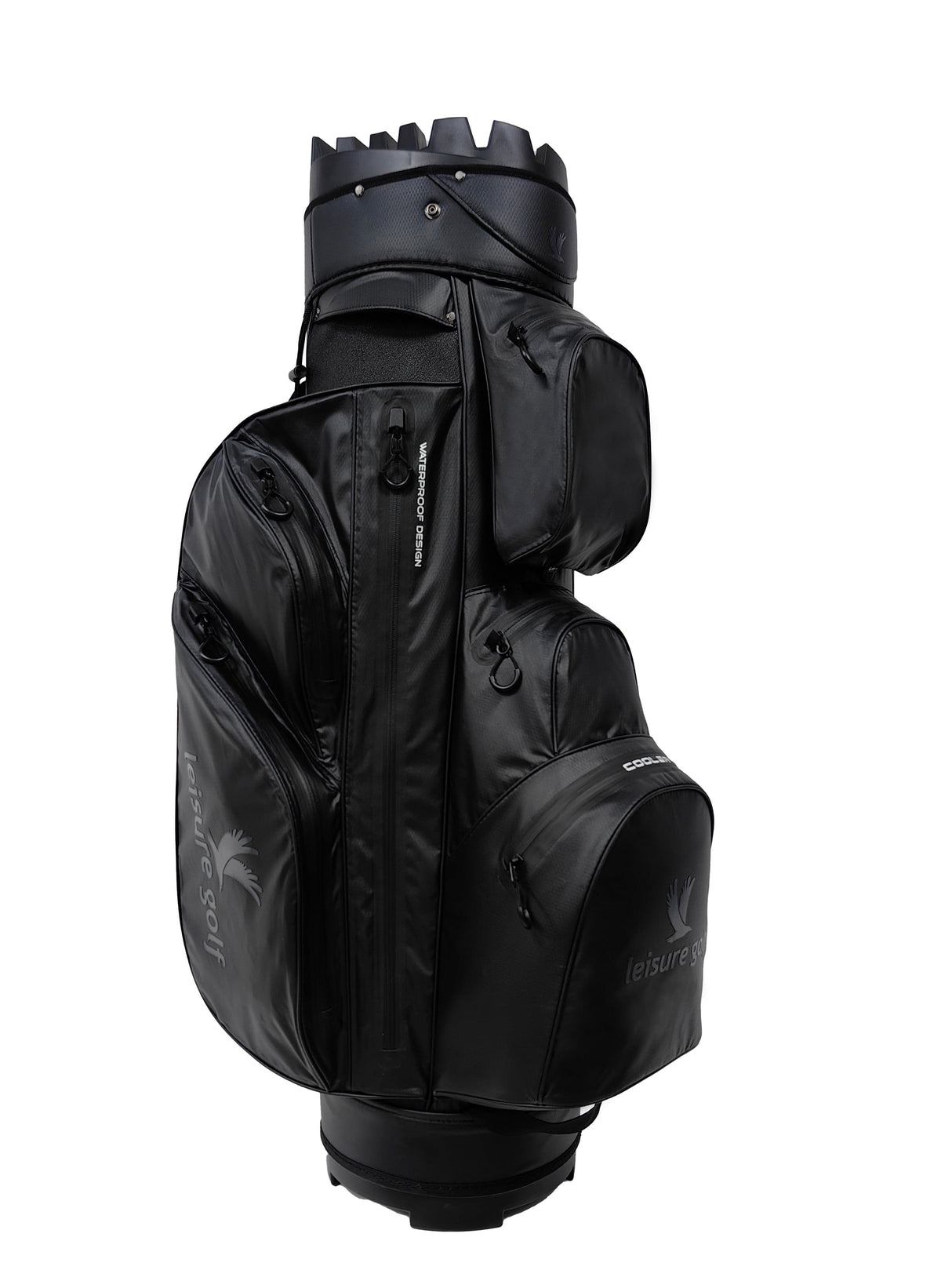 Schwarzer Leisure Golf Watersafe Organizer Cartbag mit mehreren Reißverschlusstaschen und Tragegriff.