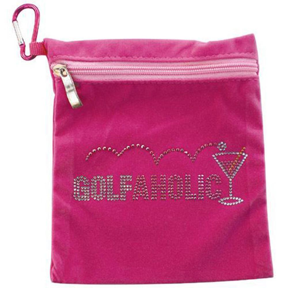 Pinkfarbene Samttasche mit Reißverschluss, Strassschrift "GOLFPARHOLIC" und Cocktailglas-Motiv, Karabinerhaken.