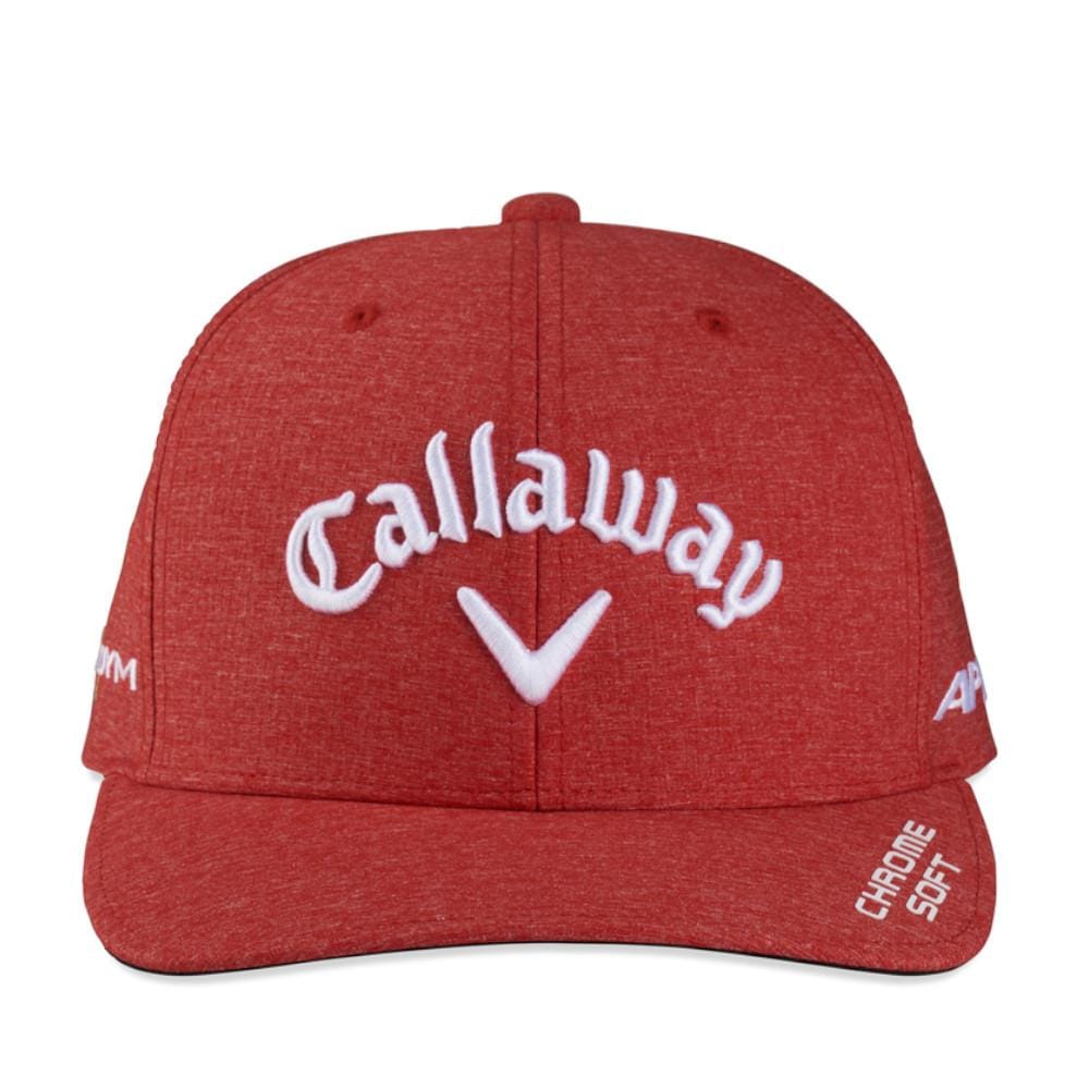 Rot melierte Callaway Golfkappe mit weißem Logo und gebogenem Schirm.