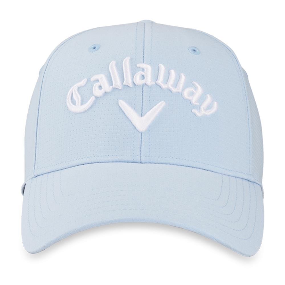 Hellblaue Callaway Junior Golfkappe mit weißem Logo und gebogenem Schirm.