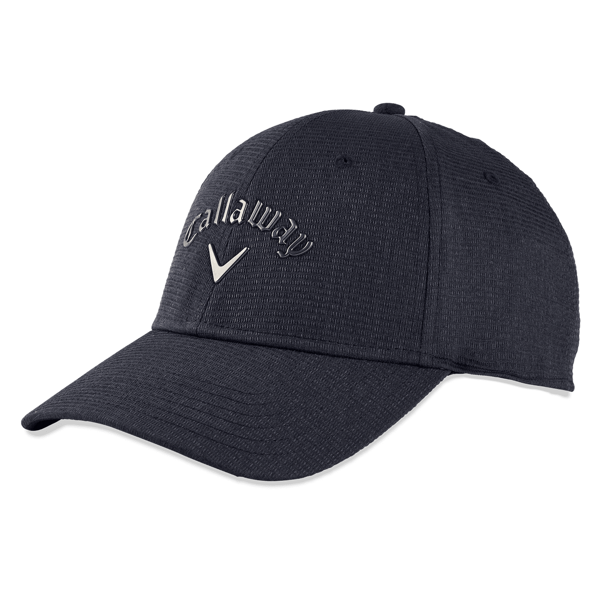 Schwarze Callaway Golfmütze mit dreidimensionalem Metallic-Logo und gebogenem Schirm.