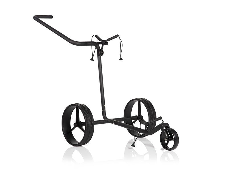 Schwarzer dreirädriger Jucad Carbon Shadow Golftrolley mit mattem Finish und ergonomischem Griff.