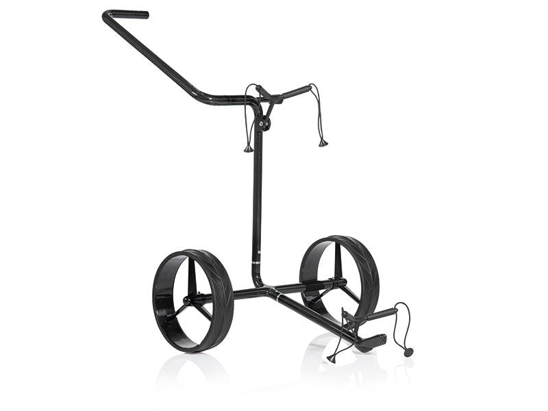 Schwarzer Jucad Carbon Shine Golftrolley mit zwei großen Rädern und minimalistischem Gestell.