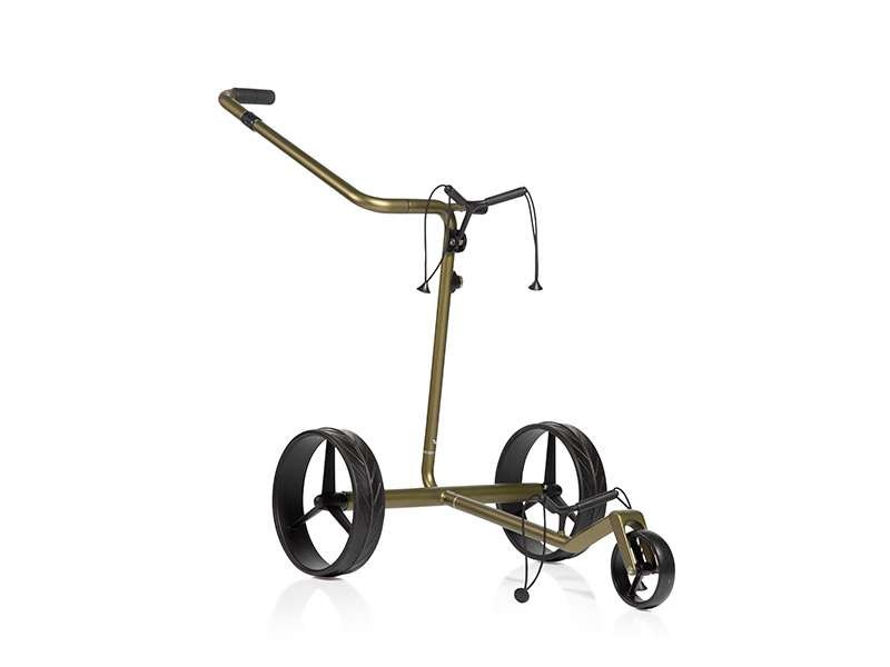 Elektrischer JuCad Carbon Travel Verde Black 2.0 Golftrolley mit schwarzem Rahmgestell und drei Rädern.