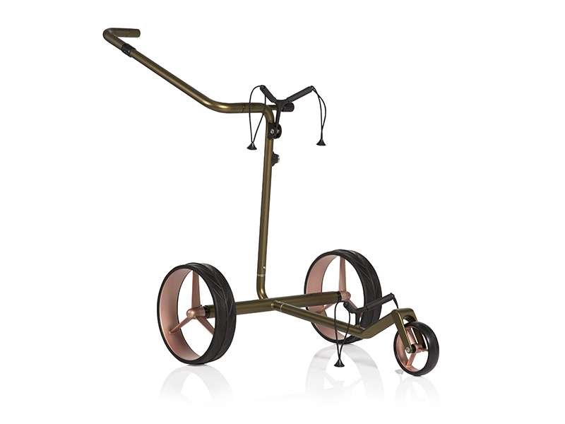 Elektrotrolley mit carbonfarbenem Rahmen und roséfarbenen Akzenten, drei Räder, schlankes Design.