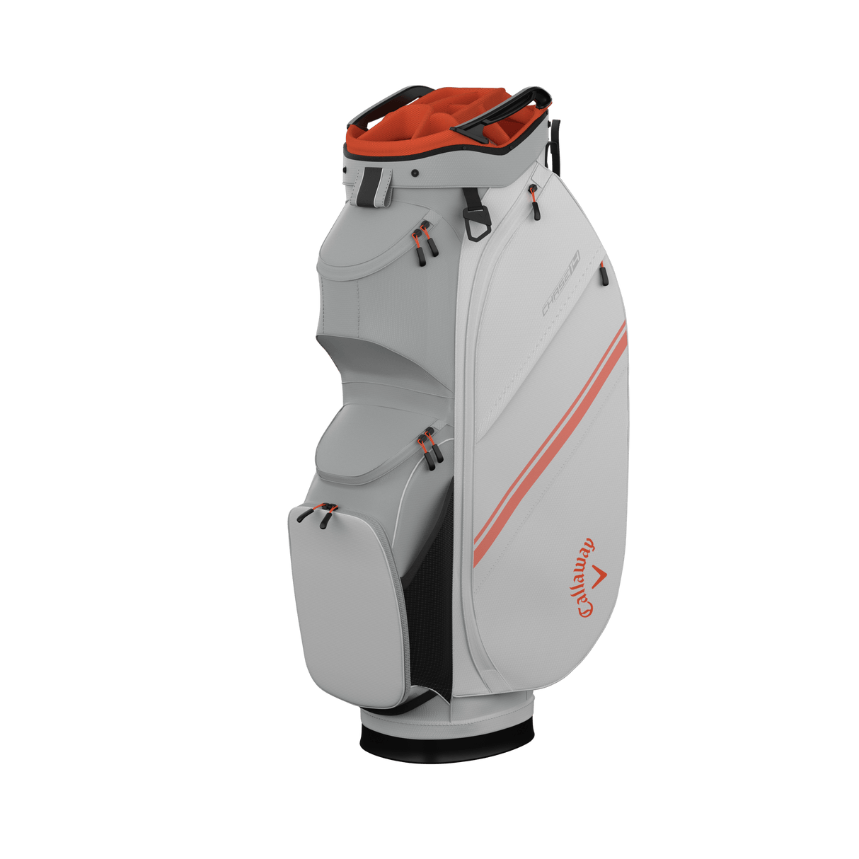 Weiß-silber-orange Callaway Chase 14 Cart Bag mit mehreren Fächern und Logo.