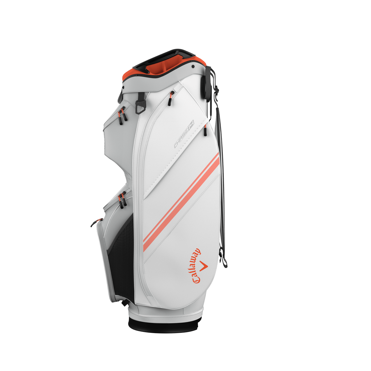 Weiß-silber-orange Callaway Chase 14 Cart Bag mit mehreren Fächern und modernen Akzenten.