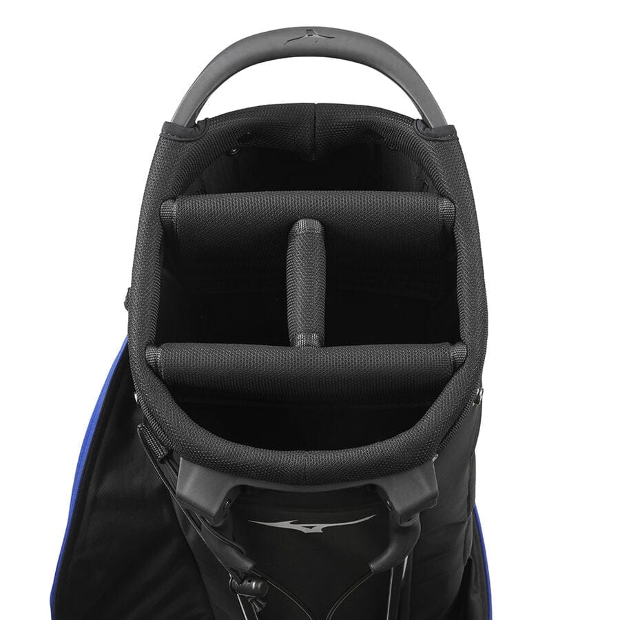 Schwarzes Mizuno BR-DRI Golf-Standbag mit gepolsterten Fächern und Tragegriff oben.