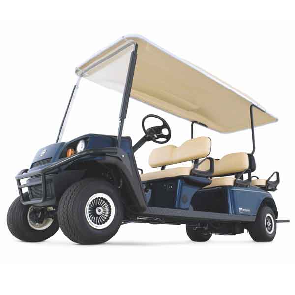 Dunkelblaues Cushman Shuttle Golfcart mit vier Sitzen und beigem Sonnendach.