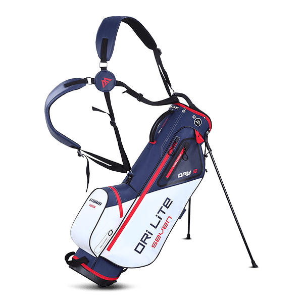 Big Max Dri Lite Seven G Golf-Standbag in Weiß, Marineblau und Rot mit Tragegurt und Ständer.