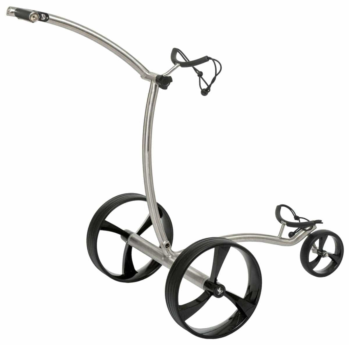 Leisure Golf Ikarus Curve 2.0 Golftrolley mit gebogenem Edelstahlgestell und großen schwarzen Rädern.